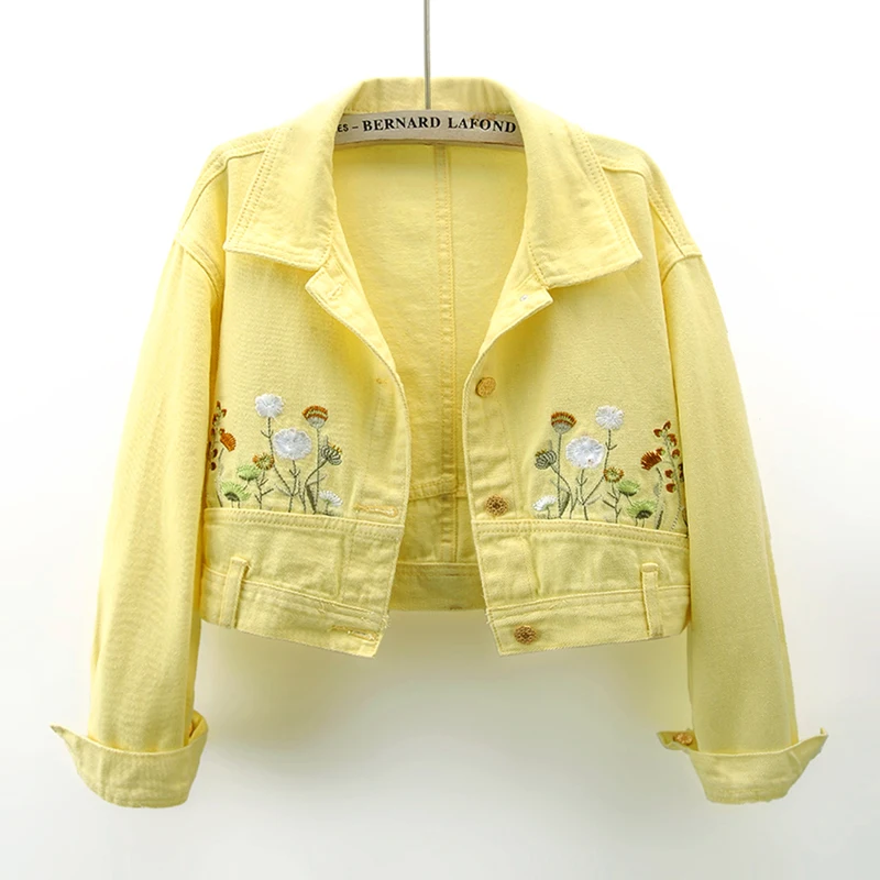 Embroidery Yellow - Fashion Yellow Denim Jacket Women Slim