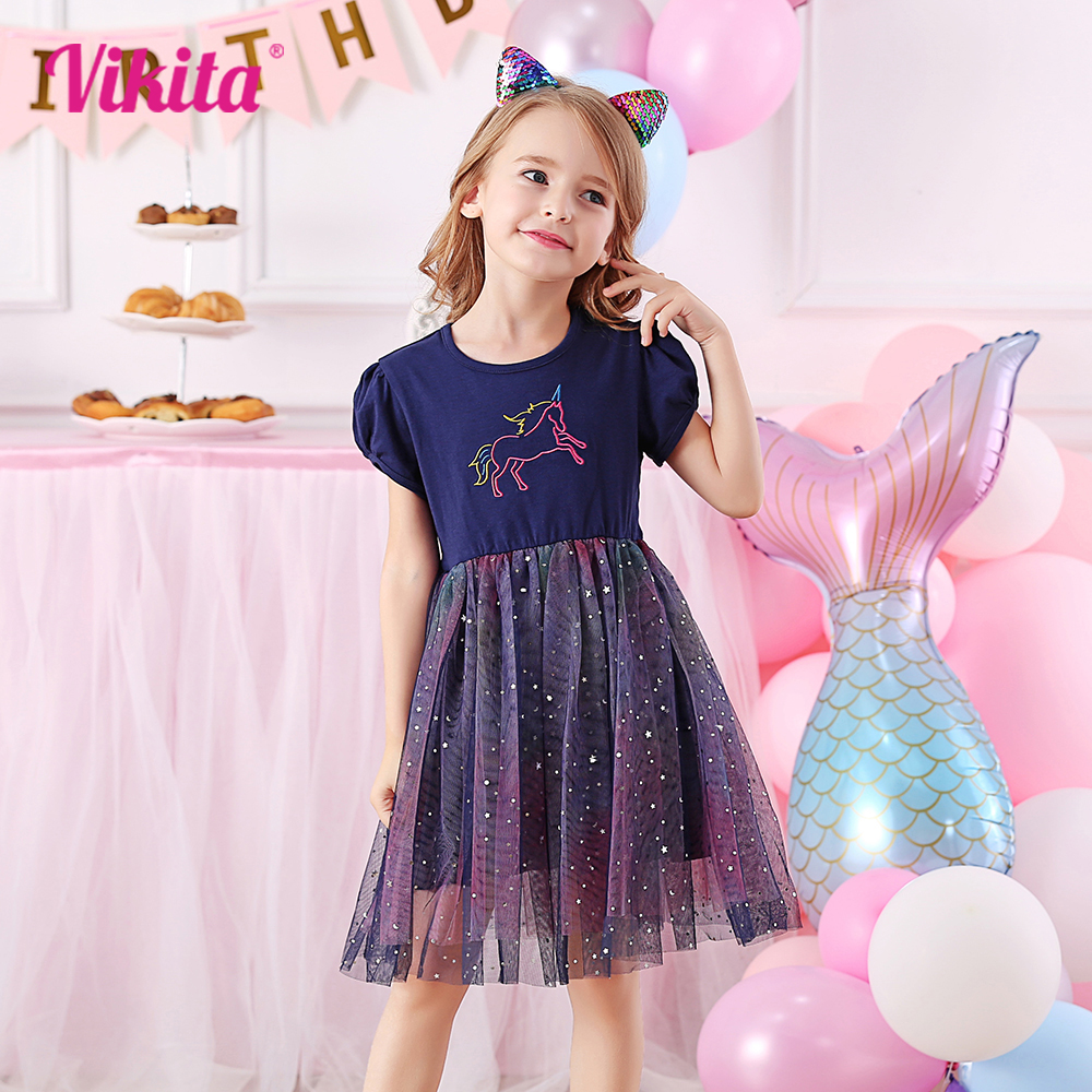 Embroidery Unicorn - VIKITA Kids Summer Short Sleeve Princess