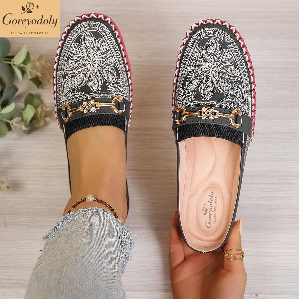 Embroidery Details - Goreyodoly women mule flats rhinestone cutout