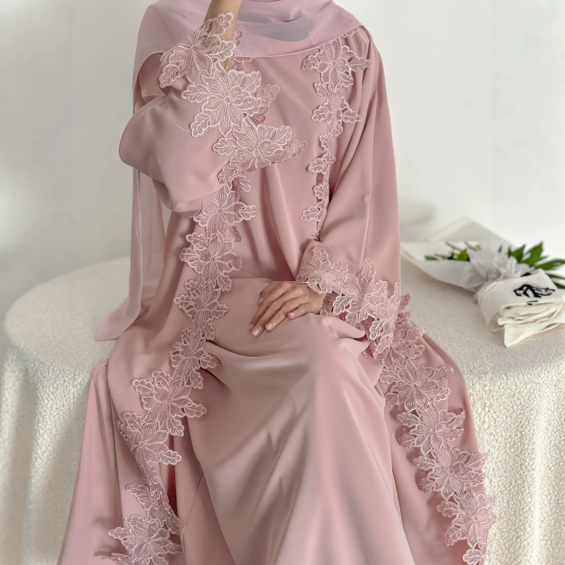 Embroidery Kebaya - Eid Ramadan Flower Embroidery Abayas for