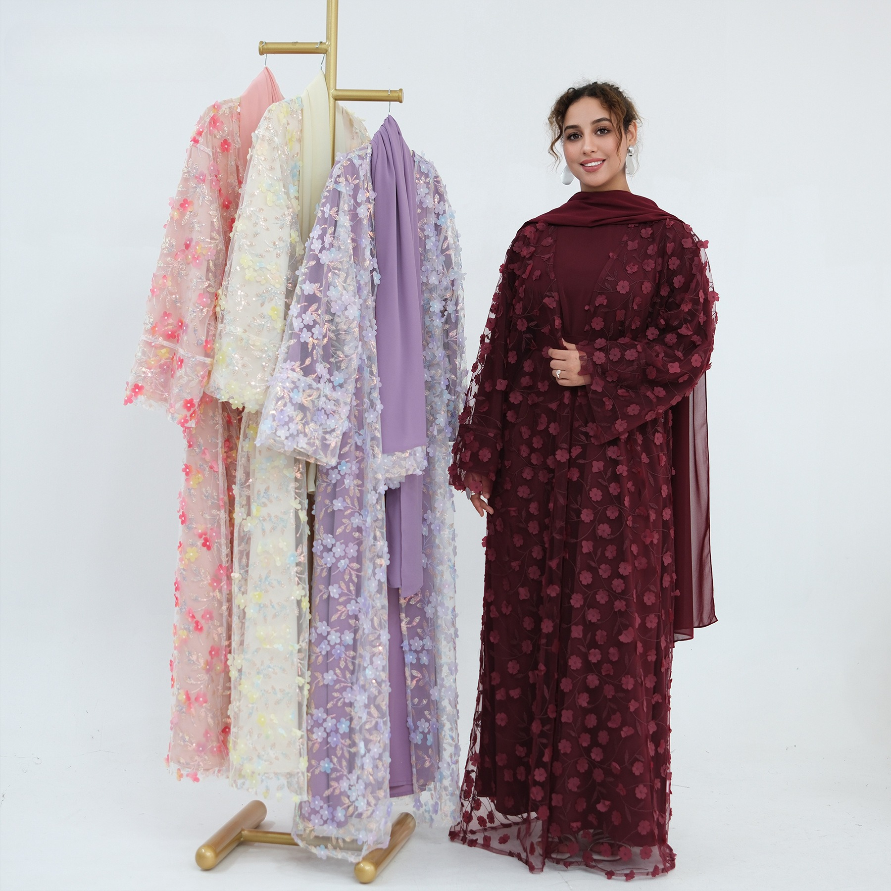 Embroidery Hijab - 2026 Luxury Abaya EID 3D Floral